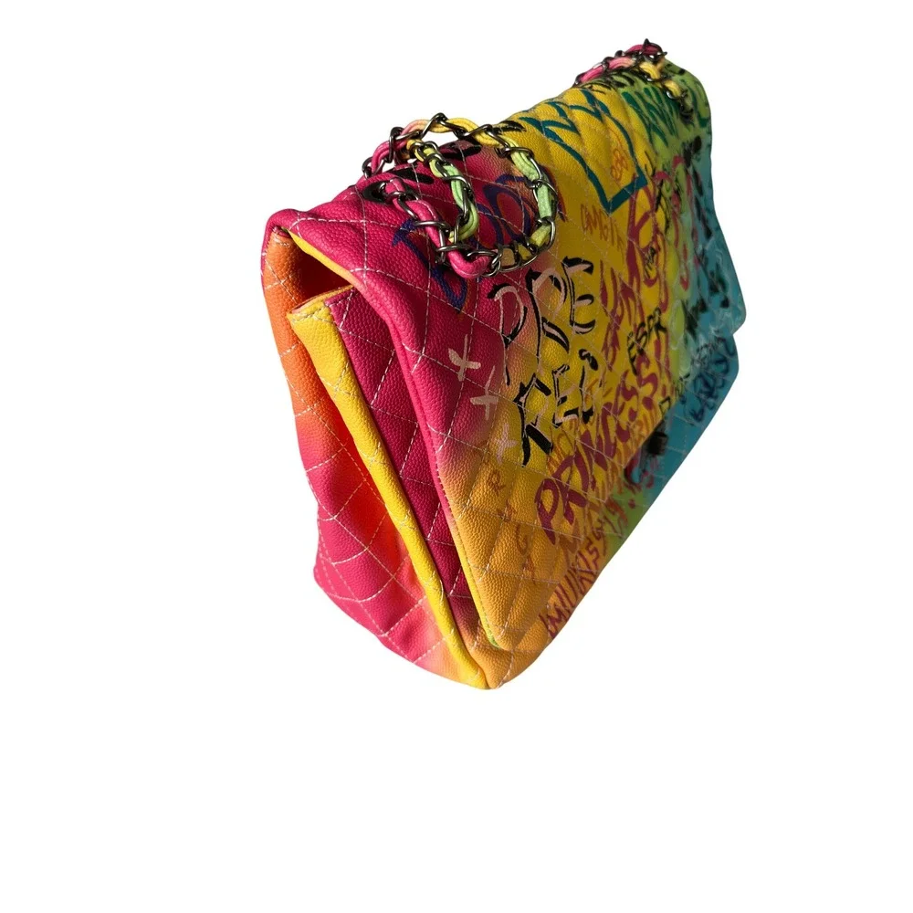 Graffiti Princess Rainbow Quilted Shoulder Bag Street Art Chain Strap Purse KC